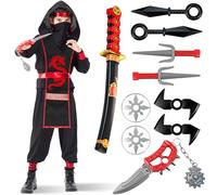 Lozzzyo Disfraces Ninja de Carnaval para Niños con Ropa Ninja y Armas Variadas, Disfraz de Dragón para Niños, Ideal para Carnaval, Halloween, Cosplay y Actuaciones Escénicas (L)