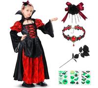 Lozzzyo Disfraz Halloween Niña, Disfraz Vampiresa Niña Incluye Collar de Rubíes, Rosa, Pasador con Calavera y 3 Pegatinas de Tatuajes, Disfraces Halloween Niñas para Carnaval/Fiesta (11-13 años)