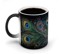LPAGBCNU Taza de café de 325 ml con plumas de pavo real que cambian de color, tazas de café que cambian de calor con asa, taza mágica sensible al calor para mujeres y hombres, divertida taza de