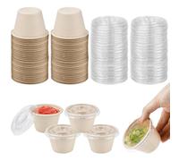 LPAMABA 50 PCS Recipientes para Salsas Pequeños 100ml, Envase Redondo de Papel para Llevar, Tarro para Salsa, Recipiente Redondo de Papel con Tapa para Aperitivos, Salsas y Mermeladas