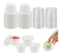 LPAMABA 50 PCS Recipientes para Salsas Pequeños 100ml, Envase Redondo de Papel para Llevar, Tarro para Salsa Blanco, Recipiente Redondo de Papel con Tapa para Aperitivos, Salsas y Mermeladas