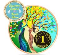 LParkin Moneda de recuperación de hermanas, moneda de sobriedad de 1 año, moneda AA del árbol de la vida, regalos de sobriedad para mujeres, símbolo de aniversario sobrio, medallón anónimo de