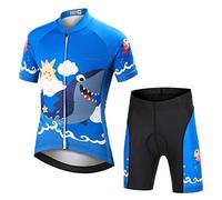 LPATTERN Maillots de Ciclismo Traje Conjunto de Bicicleta Jersey de Manga Corta + Culotte Pantalones para Niños,Tiburón-Azul Oscuro,M/Altura Recomendada 120-130