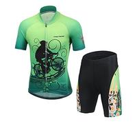 LPATTERN Ropa Conjunta de Ciclismo Bicicleta Maillot de Manga Corta + Pantalones Secado Rápido para Niños Niñas, Verde con Ciclista, 10-11 años/XL