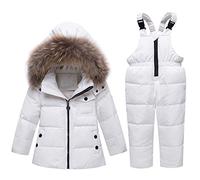 LPATTERN Traje de Nieve niño Esquí Chaqueta con Capucha niña Abrigo Invierno de Plumas + Pantalón Conjunto 2 Piezas,Blanco,5-6 años