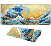 Lpfieonn Estilo Japonés Alfombrilla Ratón Gaming XXL, 90x40cm- Alfombrilla Escritorio XL, Ondas Grande Mouse Pad con Bordes cosidos, Impermeable, Antideslizante, para Jugadores, Oficinas PF-2327