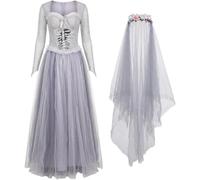 Lpitoy Disfraz De Halloween para Mujer, Disfraz De Novia Fantasma Zombie De Terror, Vestido De Novia Cadáver, Atuendos para Fiestas Y Cosplay con Velo Y Diadema.