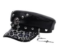 Lpitoy Sombrero Gótico De Cuero Sintético con Copa Plana, Sombrero De Motociclista con Calavera De Leopardo Y Tachuelas, Gorra Punk Rockera Estilo Militar con Decoración De Cruz Y Anillo