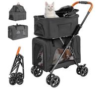 LPOTIUS Cochecito doble para mascotas con transportador desmontable para perros y gatos medianos y pequeños, carrito de viaje ligero con toldo sin cremallera, cesta de almacenamiento plegable con un