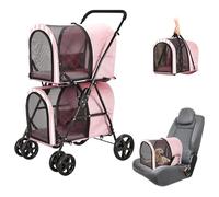 LPOTIUS Cochecito doble para mascotas para perros y gatos con 2 transportadores desmontables, cochecito de perro de plegado rápido para perros medianos y pequeños, gatos, 4 ruedas, rosa claro