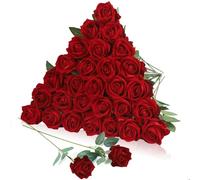 LPREUTWN 30 rosas artificiales de terciopelo y seda, color burdeos, rosas falsas rojas con tallo largo, flores realistas de un solo tallo para centros de mesa de boda, despedida de soltera, fiesta