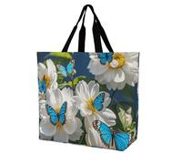 LPSADGF Bolso de mano con diseño de flores de amapola para mujer, reutilizable, plegable, bolsa de compras de comestibles, bolso de hombro cruzado, White Blooms Blue Butterflies, 40x40x16cm