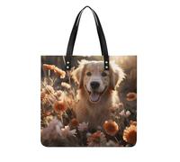 LPSADGF Bolso de mano de piel con diseño de pavo real azul para mujer, bolsa de maquillaje con diseño de hebilla magnética, bolsa casual, Golden Retriever y flores, 39x39cm