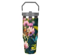 LPSADGF Butterflies And Blooms - Vaso de 880 ml con popote, taza de viaje de acero inoxidable aislada con diseño de asa, taza de café al vacío de doble pared, tapa a prueba de fugas, mantiene las