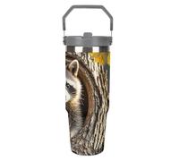 LPSADGF Raccoon in The Fall Tree Hole - Vaso de 880 ml con popote, taza de viaje de acero inoxidable aislada con diseño de asa, taza de café al vacío de doble pared, tapa a prueba de fugas, mantiene
