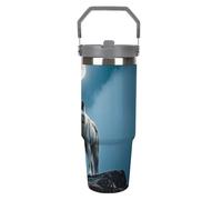 LPSADGF The White Wolf on The Rock - Vaso de 880 ml con popote, taza de viaje de acero inoxidable aislada con diseño de asa, taza de café al vacío de doble pared, tapa a prueba de fugas, mantiene las