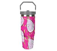 LPSADGF Vaso de 30 onzas con diseño de fruta del dragón rojo con pajilla, taza de viaje de acero inoxidable aislada con diseño de asa, taza de café al vacío de doble pared, tapa a prueba de fugas