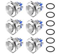 LPZMPZ 6 Piezas Pulsador 12V 16mm Pulsador Momentáneo Metal, Botón Pulsador Interruptor de Pulsador Impermeable para Coche, Vehículo Recreativo, Camión 2A 12V 24V 36V (Cabeza Alta, Plata)