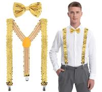 LQTSLFM Juego de tirantes con purpurina, 2 unidades, tirantes de lentejuelas con pajarita, clip en Y, disfraz para hombre y mujer, Año Nuevo, carnaval, rendimiento, dorado, L