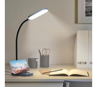 LQWELL® LÁMpara Escritorio LED, Luz De Lectura Para Estudio, Cuello De Cisne Flexible De 360°, LÁMpara De Mesa De Control TÁCtil Con Soporte Para TelÉFono (Negro)
