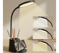 LQWELL Lámpara LED de escritorio táctil, cuello de cisne de 360°, 3000K-6000K, brillo regulable, con soporte para bolígrafo y teléfono, cable de alimentación de 1,5 m y enchufe, color negro