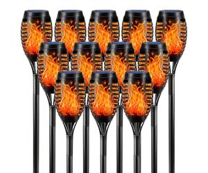 LQWELL Luces de antorcha solar para exteriores, 12 piezas, 12 LED, lámpara solar con efecto de llama, IP65, impermeable, jardín, camino solar, iluminación de césped para patio trasero (paquete de 12)