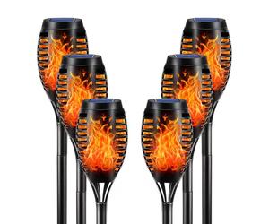 LQWELL Luces de antorcha solar para exteriores, 6 piezas, 12 LED, lámpara solar con efecto de llama, IP65, impermeable, jardín, camino solar, iluminación de césped para patio trasero (paquete de 6)