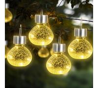 LQWELL Luces solares colgantes para exteriores, paquete de 4, farolillos de cristal craquelado, impermeables, luz blanca cálida, ideales para colgar o colocar de pie en fiestas y jardines