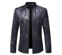 LQX Men Longsleeve Suit Retro Velvet Print Solid Color Men Blazer Slim Fit Stand-Up Collar With Pockets Men Suit Jacket Urban Chinese Style Men Outdoor Jacket B-Navy XL