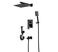 LR 10 Inch Rain Shower System Black Shower Faucet Set with Tub Spout, Wall Mount Brass Shower Combo Set Single Handle Rain Mixer Shower with Shower Head, Handheld Shower, Bidet Sprayer,Squar