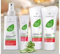 LR ALOE VIA Set de Cuidado para la Piel con Aloe Vera, 4 Productos Profesionales, Gel Crema de Emergencia 30ml, Gel Concentrado 100ml, Crema de Própolis 100ml, para Regeneración e Hidratación