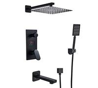 LR Black Rain Shower System LED Digital Display Shower Faucet Set with Tub Spout, Wall Mounted Shower Combo Set Brass Single Handle Rain Mixer Shower with Handheld Shower, Shower Head,8 Inch