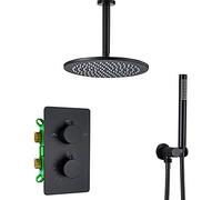 LR Black Rain Shower System Thermostatic Shower Faucet Set Ceiling Mounted Brass Shower Combo Set Single Handle Rain Mixer Shower with Round Shower Head, Handheld Shower,8 Inch
