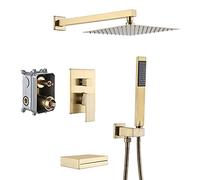 LR Rain Shower System 10 Inch Shower Faucet Set Wall Mounted Brass Shower Combo Set Single Handle Rain Mixer Shower with Waterfall Tub Spout, Shower Head, Handheld Shower,Brushed Gold