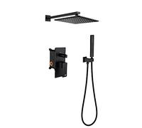 LR Rain Shower System 10 Inch Shower Faucet Set Wall Mounted Brass Shower Combo Set Single Handle Rain Mixer Shower with Shower Head, Handheld Shower,Black