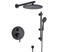LR Rain Shower System Black Bathroom Shower Faucet Set Wall Mounted Shower Combo Set Brass Rain Mixer Shower with Round Shower Head, 3 Mode Handheld Shower, Lifting Rod,8 Inch