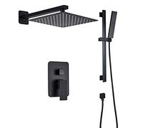 LR Rain Shower System Black Bathroom Shower Faucet Set Wall Mounted Shower Combo Set Brass Rain Mixer Shower with Shower Head, Handheld Shower, Lifting Rod,8 Inch