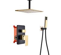 LR Rain Shower System Black Gold Shower Faucet Set Ceiling Mounted Shower Combo Set Single Handle Brass Rain Mixer Shower with Handheld Shower, Shower Head,10 Inch