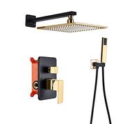 LR Rain Shower System Black Gold Shower Faucet Set Wall Mounted Shower Combo Set Single Handle Brass Rain Mixer Shower with Handheld Shower, Shower Head,8 Inch