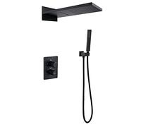 LR Rain Shower System Black LED Digital Display Shower Faucet Set Wall Mounted Shower Combo Set Brass Rain Mixer Shower with 2 Functions 560×230 mm Shower Head, Handheld Shower