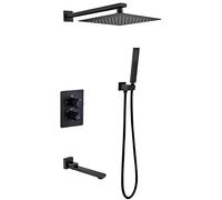 LR Rain Shower System Black Shower Faucet Set LED Digital Display Shower Combo Set Brass Rain Mixer Shower with 10 Inch Shower Head, Handheld Shower, Rotatable Tub Spout,Wall Mount