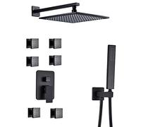 LR Rain Shower System Black Shower Faucet Set with 6 Body Spray Jets, Ceiling Mounted Brass Shower Combo Set Single Handle Rain Mixer Shower with Shower Head, Handheld Shower,8 Inch