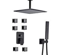 LR Rain Shower System Black Shower Faucet Set with 6 Body Spray Jets, Wall Mounted Brass Shower Combo Set Single Handle Rain Mixer Shower with Shower Head, Handheld Shower,12 Inch