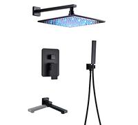 LR Rain Shower System Black Shower Faucet Set with Rotatable Tub Spout, Wall Mounted Shower Combo Set Brass Single Handle Rain Mixer Shower with Handheld Shower, LED Shower Head,8 Inch