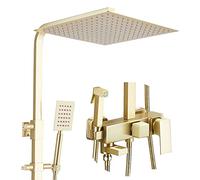 LR Rain Shower System Brushed Gold Shower Faucet Set Wall Mounted Shower Combo Set Brass Rain Mixer Shower with 10 Inch Shower Head, Handheld Shower, Rotatable Tub Spout, Bidet Sprayer