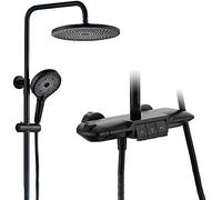 LR Rain Shower System Thermostatic Black Shower Faucet Set Wall Mounted Shower Combo Set Brass Rain Mixer Shower with 10 Inch Shower Head, 3 Function Handheld Shower, Tub Spout