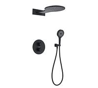 LR Rain Shower System Thermostatic Shower Faucet Set Wall Mounted Brass Shower Combo Set Dual Handle Rain Mixer Shower with 2 Mode Shower Head, Handheld Shower,Black A