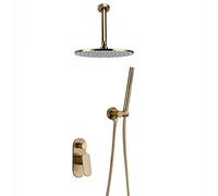 LR Rain Shower System with Shower Head, Brushed Gold Shower Faucet Set Ceiling Mounted Brass Shower Combo Set Single Handle Rain Mixer Shower with Handheld Shower,8 Inch