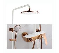 LR Rain Shower System with Shower Head, Shower Faucet Set Wall Mounted Brass Shower Combo Set Single Handle Rain Mixer Shower with Waterfall Tub Spout, 3 Modes Handheld Shower,White + Rose G