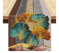 LRartdeco Camino de Mesa Rojo Mantel de Mesa Madera Textura Caminos de Mesa Ginkgo Hojas Table Runner Rectangular Lavable para Sala de Estar Restaurantes Mesa Decoración, 33x183cm